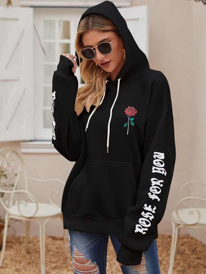 ZAFUL Men's Fleece Hoodie Unisex Rose Letter Print Hooded Pullover Kangaroo Pocket Sweatshirt Black M - Image 5